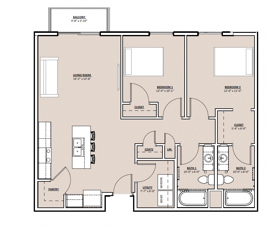 Floor plan for 2 beds, 2 baths, 1032 sqft